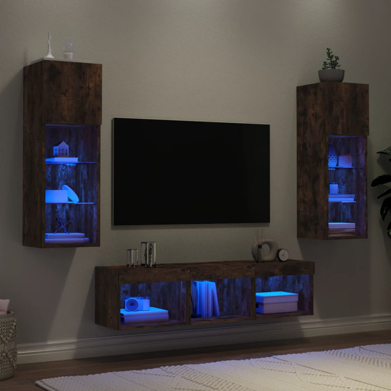  5 Piece TV Wall Units With LED Engineered Wood, Smoked Oak