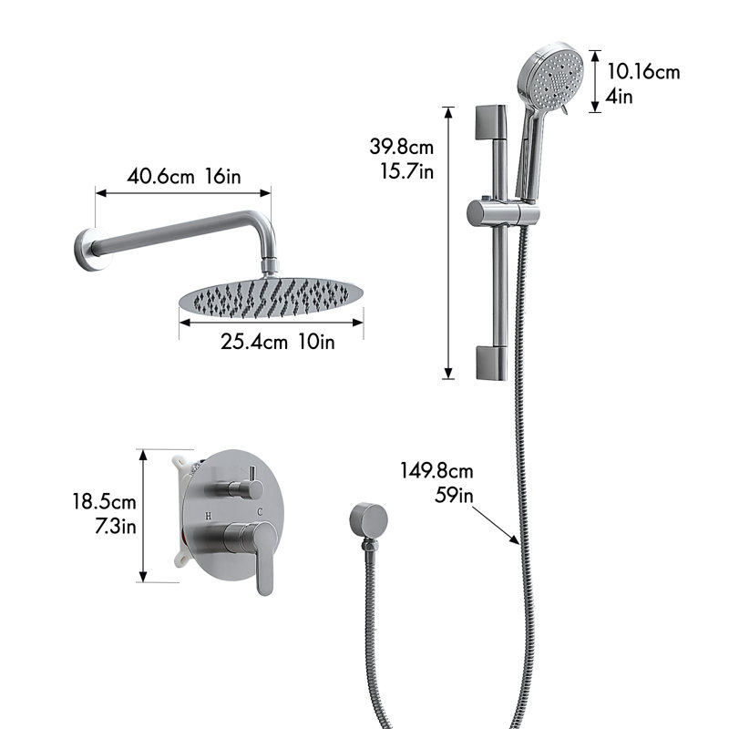 Wall Mounted 10" Round Shower Set  Pressure Balanced Shower System with Rough-In Valve and Slide Bar, Brushed Nickel
