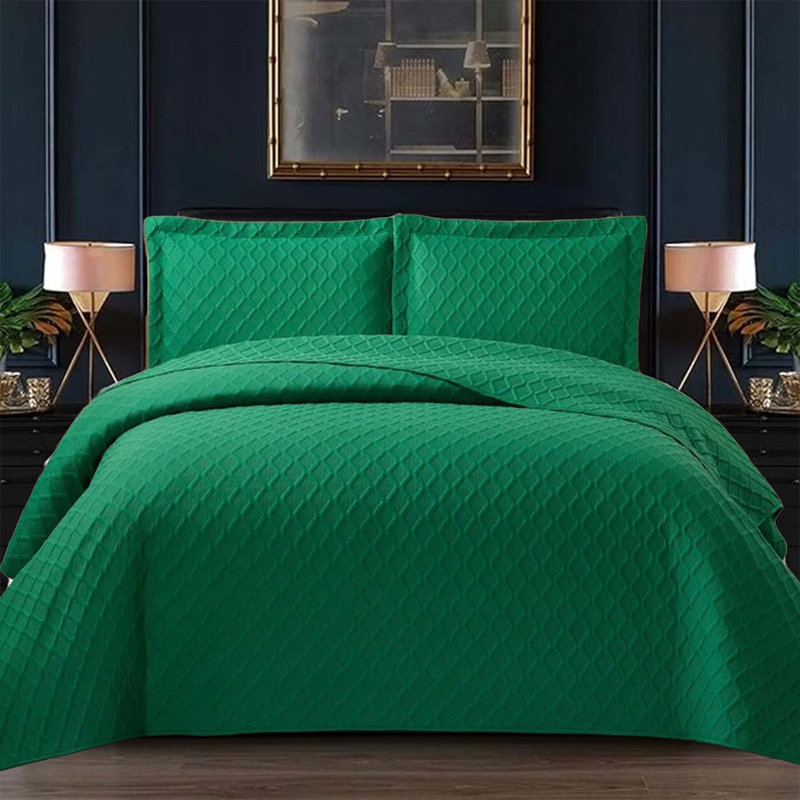 Bedspread Diamond Check Embossed Set with Pillow Shams, Textured All-Season Comfort, Single, Double, King & Super King, Green