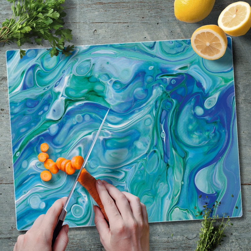 Ocean Vibe Blue Tempered Glass Rectangular Cutting Board 15" x 12"