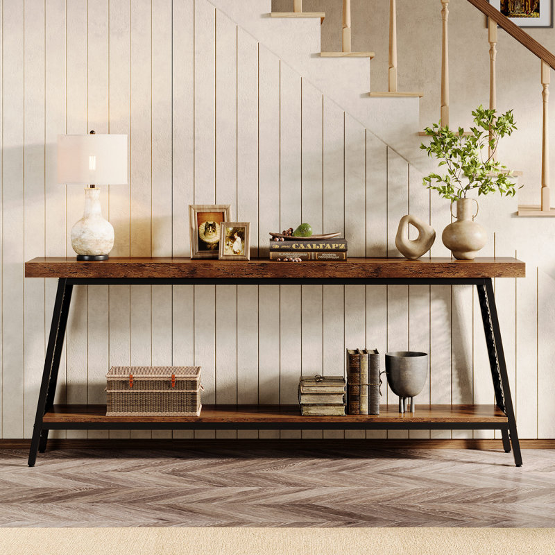 Rustic Brown and Black 70.9" Industrial Console Table with Storage Shelf