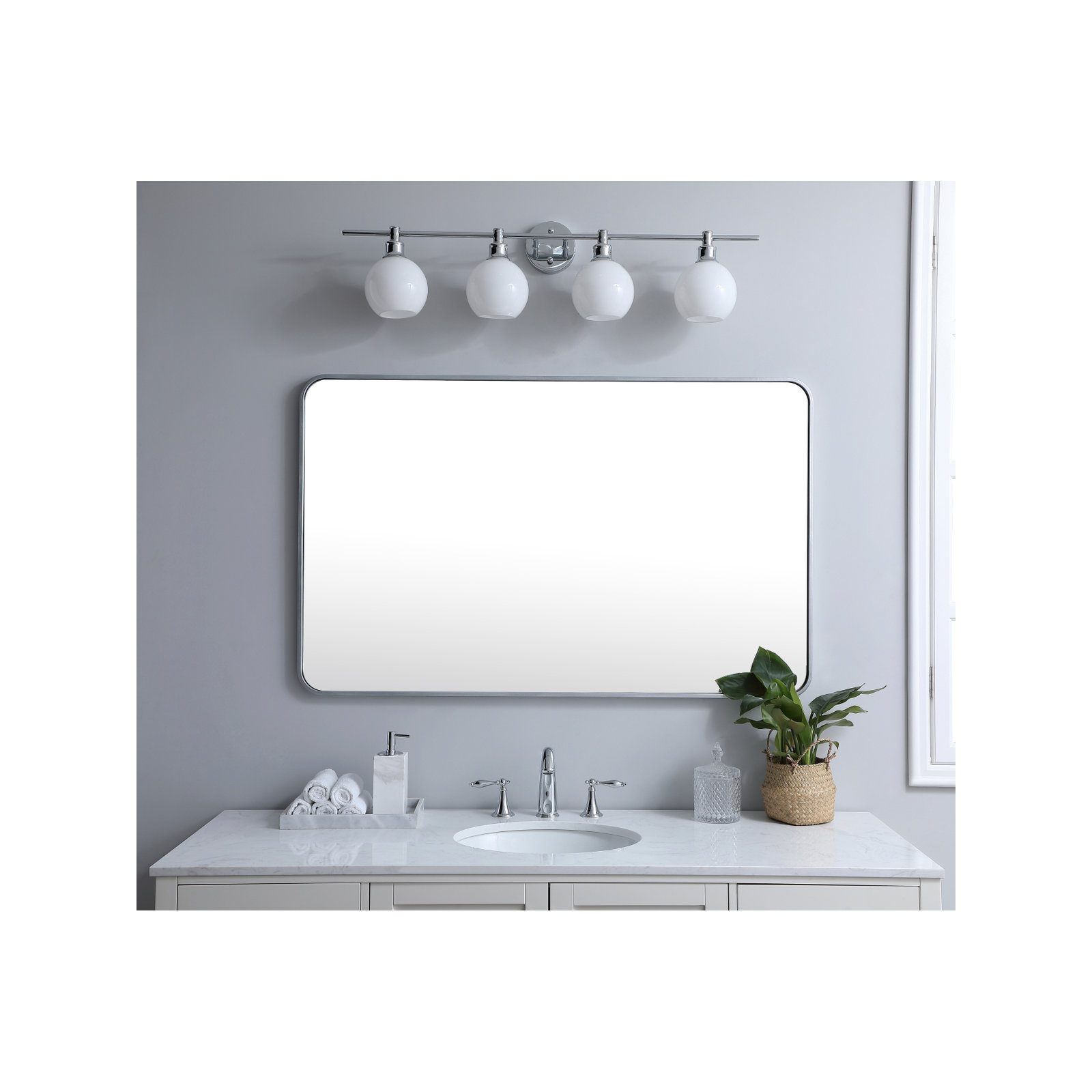 Sabine Metal Rounded Rectangle Wall Mirror, 48" x 30", Silver