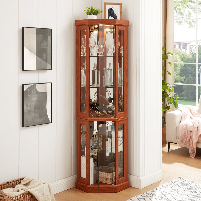 Curio de coin éclairé en chêne foncé, conception à deux sections, tablettes réglables, dossier en miroir, pour les pièces en cerisier ou inspiré