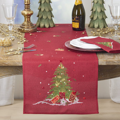 Embroidered Christmas Tree Table Runner - Holiday Table Runner for Christmas Dining Tables, Festive Winter Entertaining, Seasonal Table Décor, and Holiday Party Tablescapes