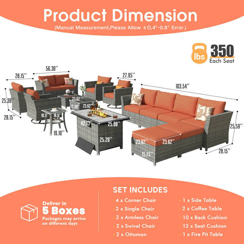 Loranda 16 Piece Seating Group with Cushions, Orange