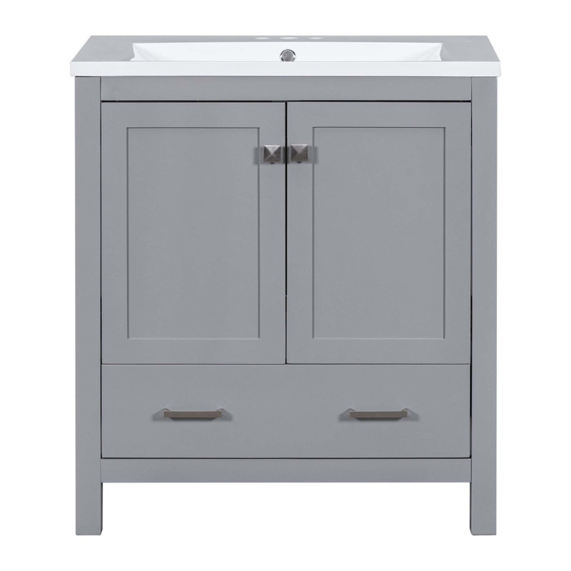 Meuble-lavabo de salle de bain avec lavabo simple, 2 portes à fermeture douce et un tiroir, Gris