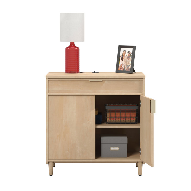 Base de bibliothèque en bois polyvalente avec armoire à deux portes et tiroir, érable