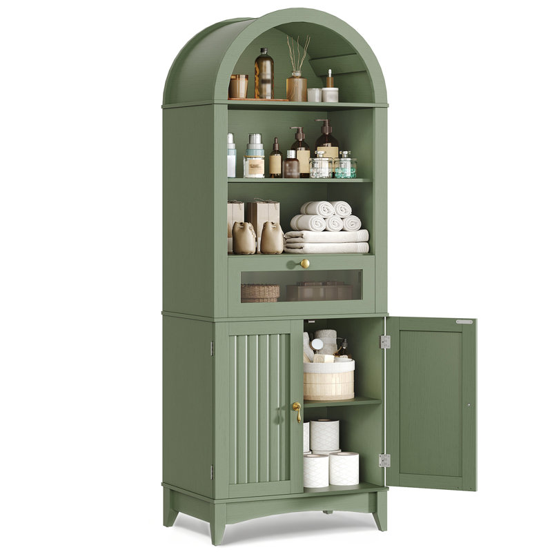 Armoire de rangement de 66,2 po de hauteur pour salle de bain arquée avec tiroir rabattable et tablettes, armoire de rangement autoportante avec portes