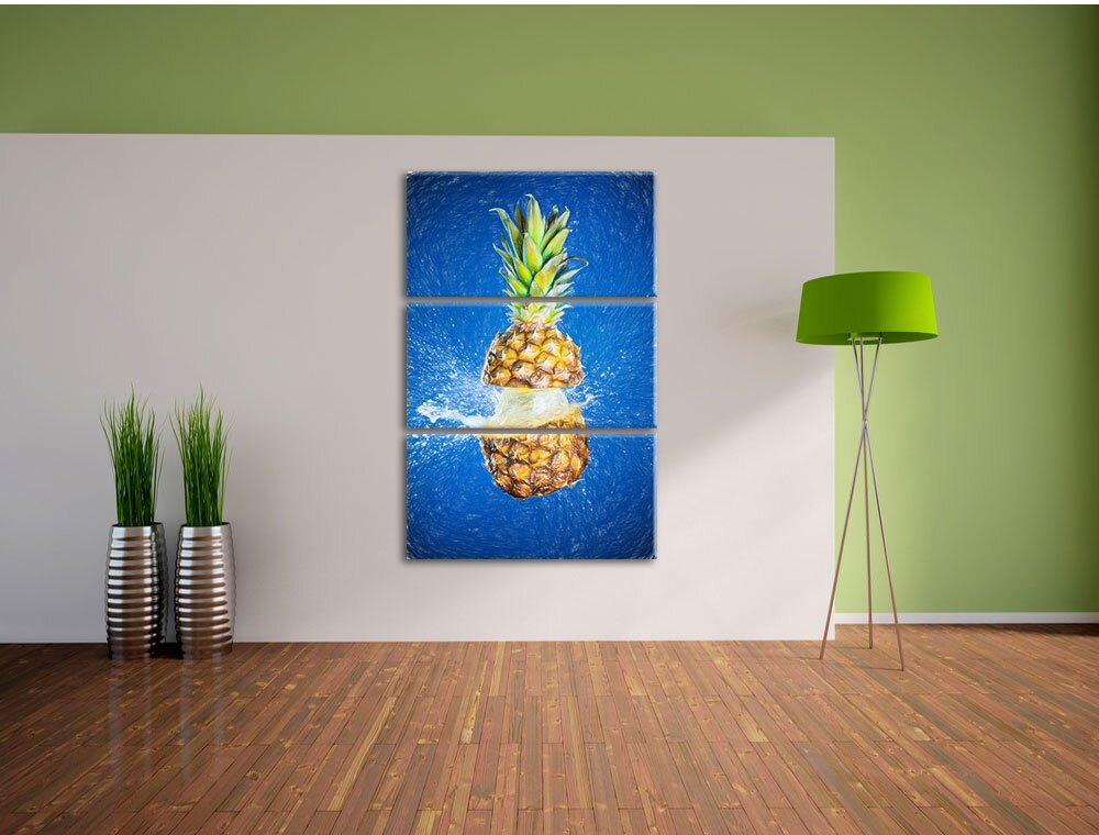 3-tlg. Leinwandbilder-Set „Ananas mit Wasser bespritzt“, Grafikdruck