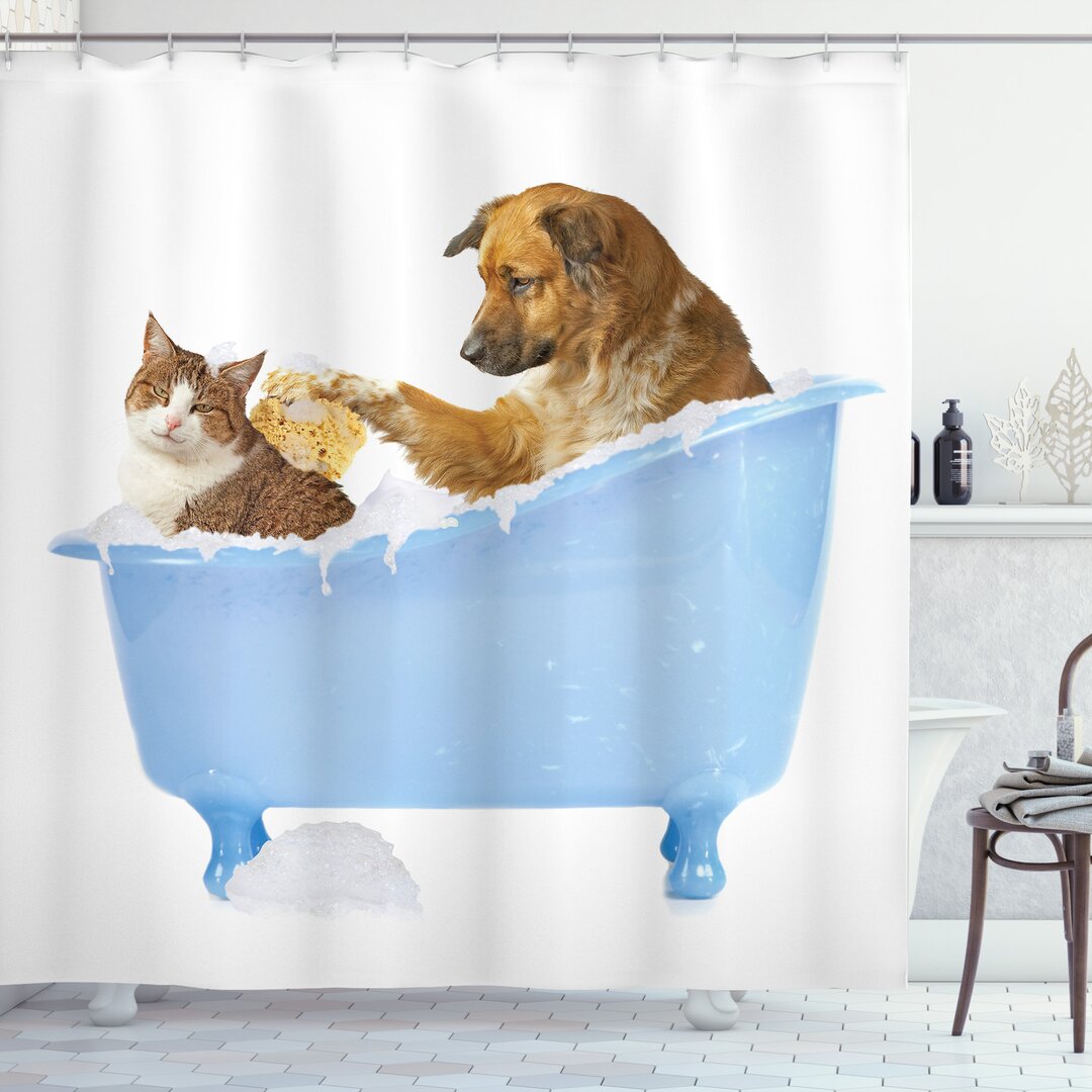 Duschvorhang, Hund und Katze in der Badewanne, Tiere, Mehrfarbig