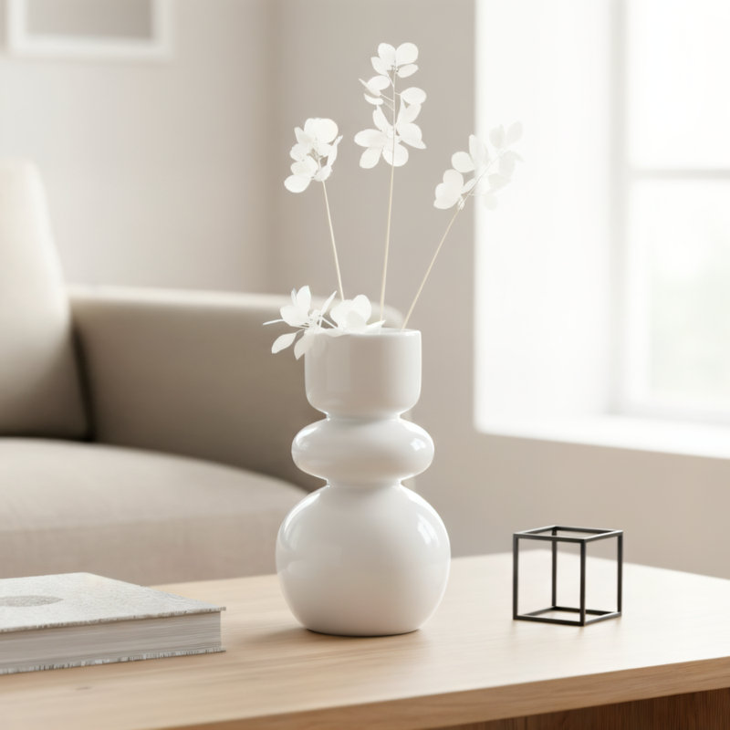 Vase en céramique blanche à double ampoule réactive 10 "Arlo, H 10 po x l 8,5 po x P 8,5 po, Blanc