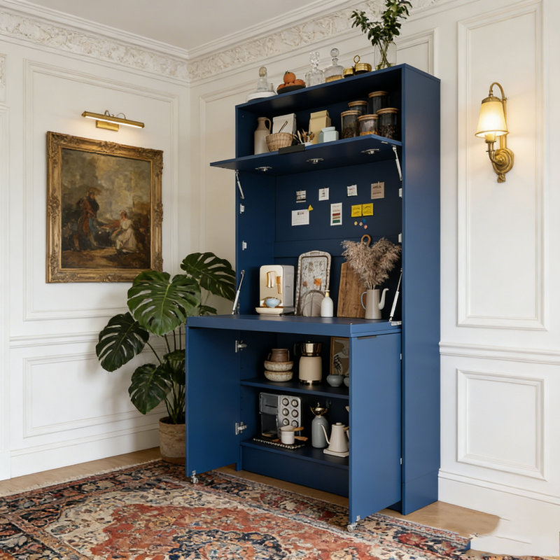 69''H Buffet with Hutch and Foldable Workstation, Multifunctional Storage Cabinet Cupboard with Adjustable Shelf and Power Outlet