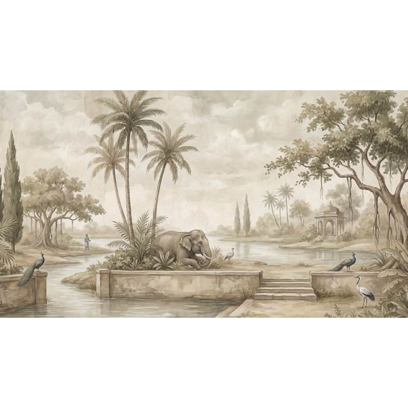 Éléphant, paysage, papier peint, pavillon, décoration murale rétro, Non-Woven Nonpasted, 120" x 96"