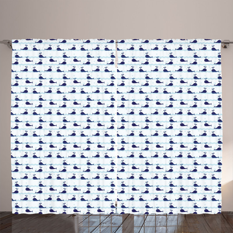 Rustic curtain, blue fish on the water, pale blue navy blue
