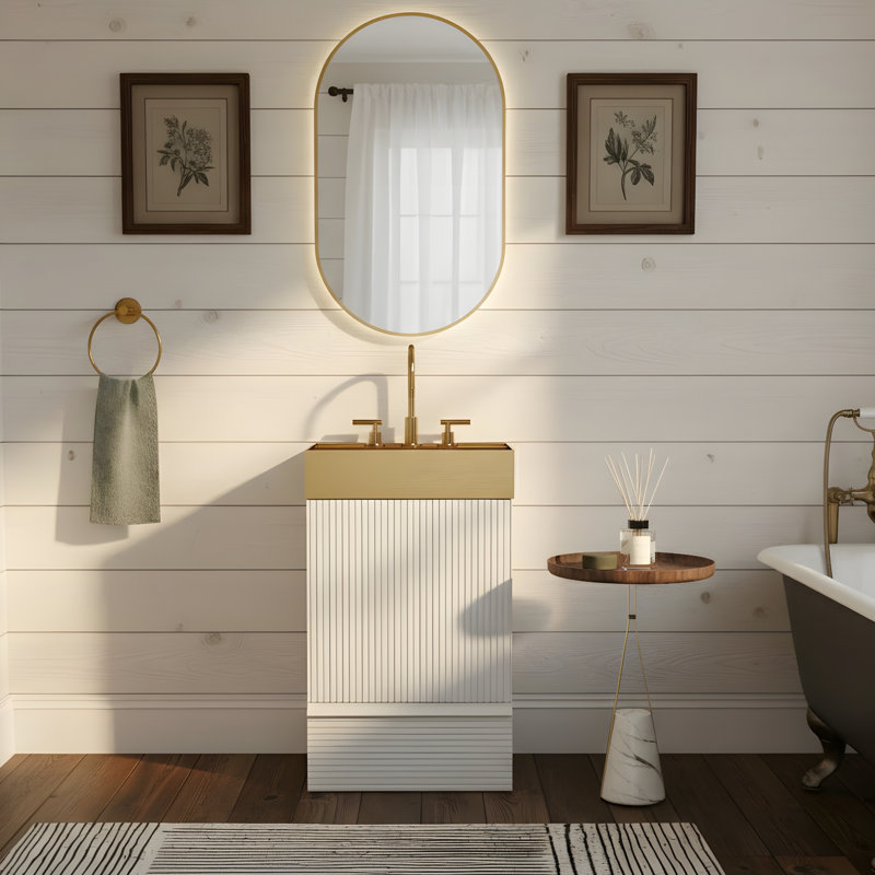 Meuble-lavabo autoportant en métal doré, Doré, Blanc mat