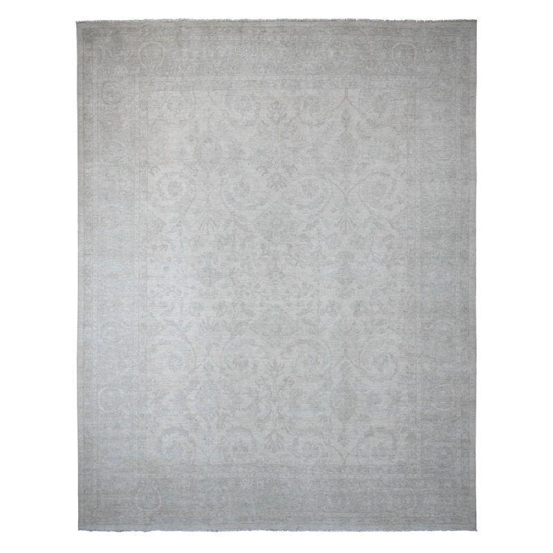 Tapis oriental très grand en mousseline de soie 12 pi x 15 pi 1 po blanc délavé à la pierre avec motif multicolore, 100% laine, noué à la main, surdimensionné
