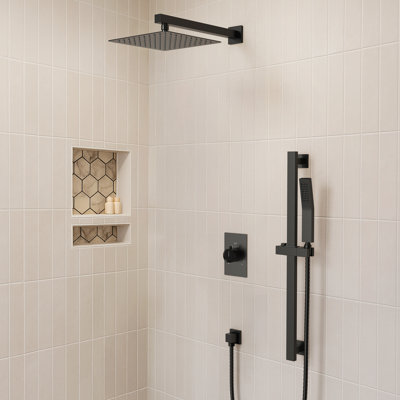 Système de douche complet à pression équilibrée, pomme de douche à pluie 10 po avec douchette, barre coulissante