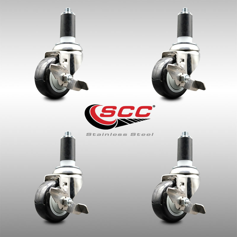 3.5 Inch 316SS Poly Swivel 1-1/4 Inch Expanding Stem Caster Set Brake SCC, Black