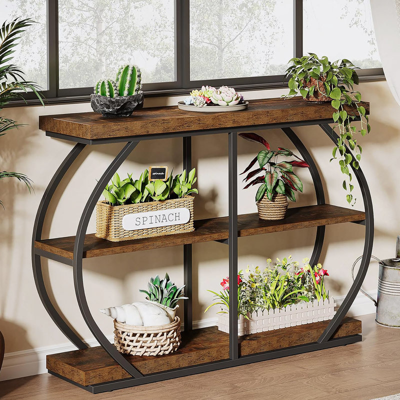 Console industrielle de 41,3 pouces avec rangement à 3 niveaux, structure en métal arquée et finition brun rustique pour la vie moderne
