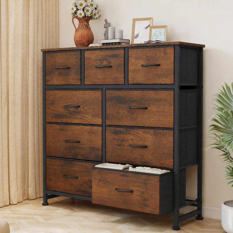 Commode en tissu à 9 tiroirs de 39,37 po avec plateau en bois et commode, Brun rustique / noir