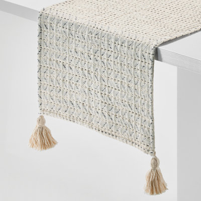 Waves Woven Cotton Table Runner with Tassels - 80 Inches Long - Ideal for Kitchen or Dining Room Table