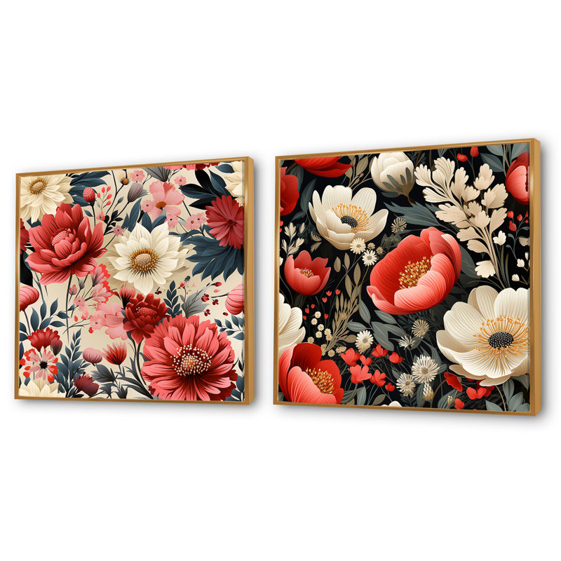 Williamstown - Ensemble de 2 collages floraux carrés, H 16 po x l 33 po, Cadre flottant doré