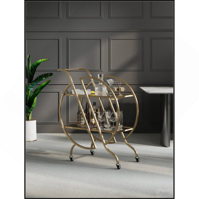 Gold Bar Carts for The Home Bar Serving Cart, Rolling Bar Cart Gold with Lockable Caster Wheels, Glass Bar Carts with 2 Mirrored Shelves, Storage Roun