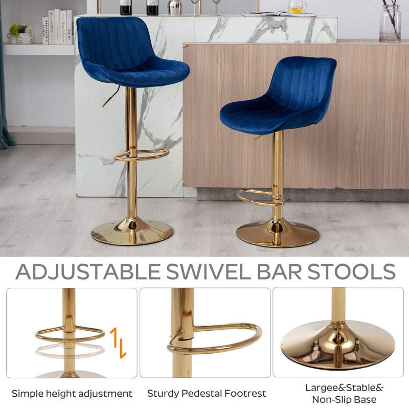 Bar Stools Set, Modern Swivel Counter Height Adjustable Barstools with Back, Upholstered Velvet Bar Chair with Footrest, Modern Armless Kitchen Island Stool for Kitchen Island, Pub, Cafe