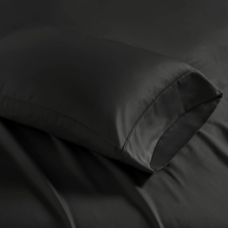 Grand drap 4 pièces en mélange de coton noir à densité de tissage 1500, tissage froissé, toucher doux, drap-housse à poche profonde, 2 taies d'oreiller, lavable à la machine, finition,
