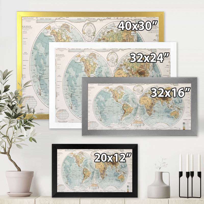 Ancienne carte du monde II - reproduction d'art sur toile, H 30 po x l 40 po x 1,5 po, Encadrement argenté