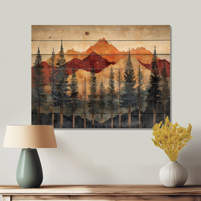 Autumn Mountains In The Canopy II - Landscape Mountains Wood Wall Decor - On Natural Pine Wood