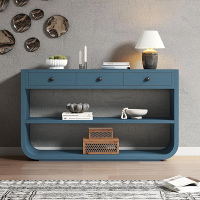 Console moderne incurvée avec 3 tiroirs à fermeture en douceur et 2 tablettes ouvertes, base en bois massif, table de vestibule pour vestibule, bleu