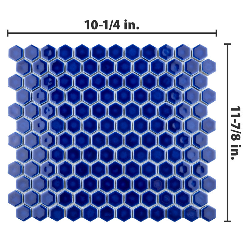 Metro 0.91" x 1.02" Porcelain Honeycomb Mosaic Wall Tile, Sapphire