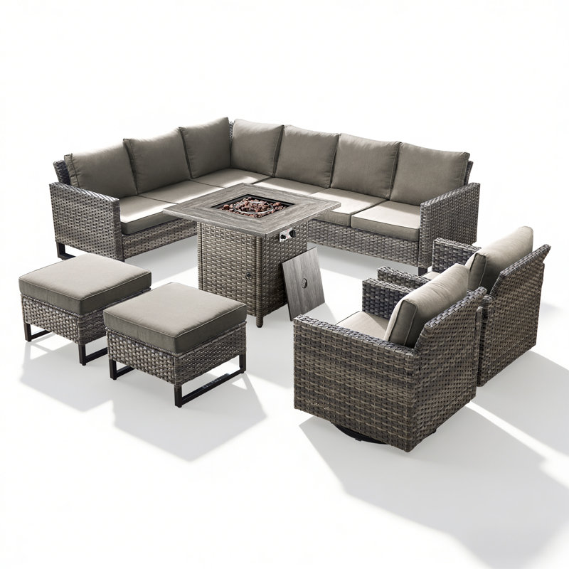 Brenon 9 - Person Outdoor Seating Group with Fire Pit with Cushions, Gray