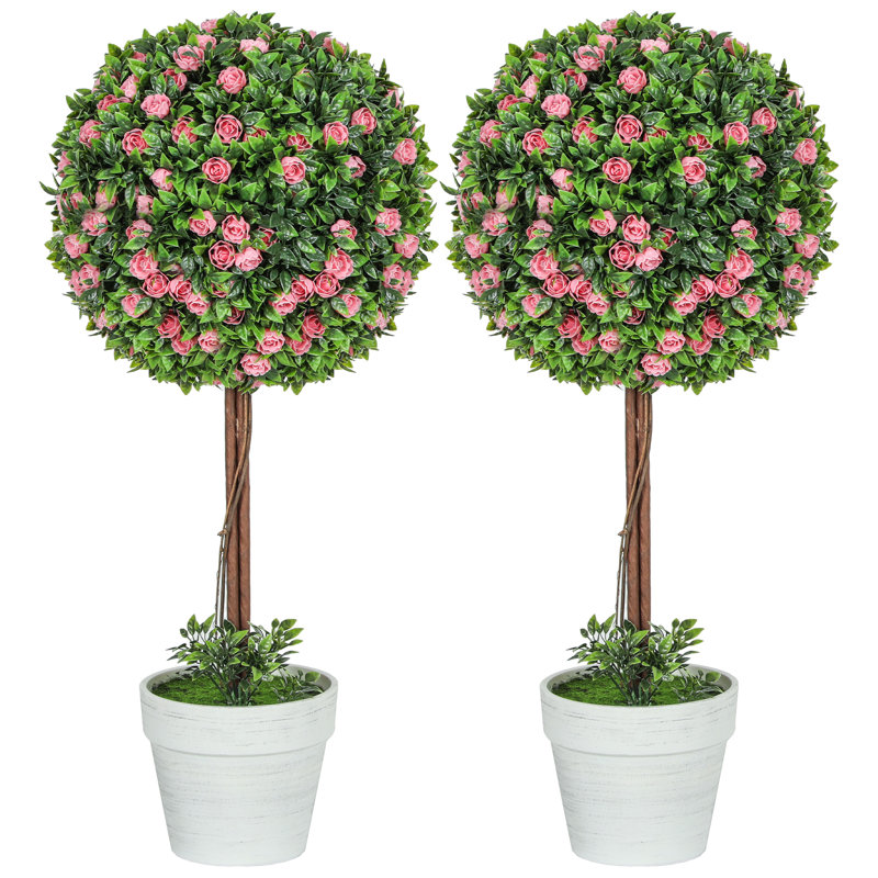 Sibren 60cm Faux Rose Plant in Cement Pot, Pink