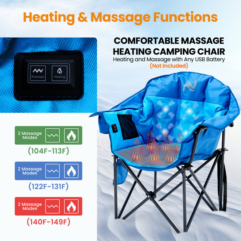 Fauteuil de camping chauffé surdimensionné, 3 réglages de chaleur et massage, Bleu