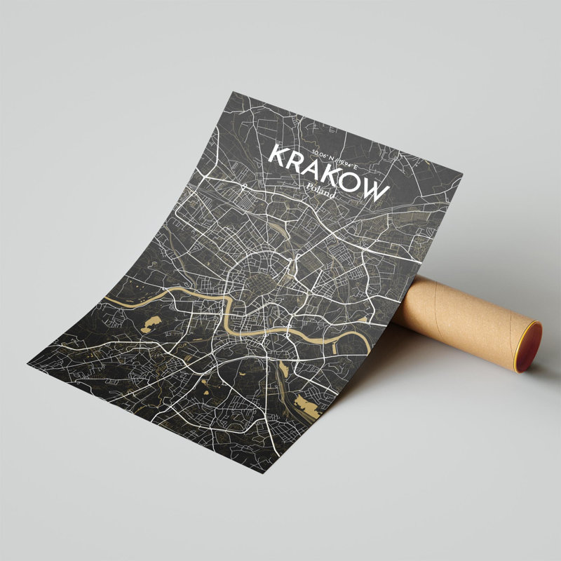 «Krakow City Map», impression de luxe, Noir et or, H 17 po x l 11 po