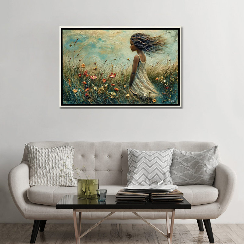Jeune fille avec le vent dans les cheveux - reproduction d'art murale encadrée, 32" H x 48" W, Blanc patiné