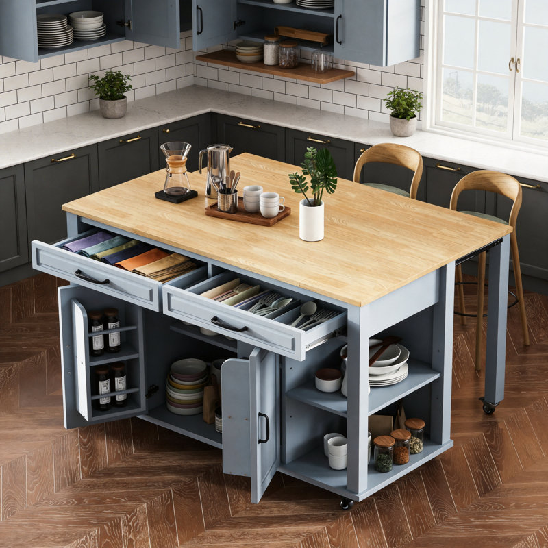 47.3-Inch Kitchen Island With Extendable Dining Table, Rubberwood Veneer, Built-In Storage Shelves And Sockets, 2 Drawers And 2 Cabinets, Grey-Blue Color.