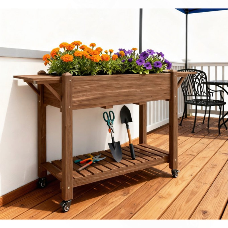 Lit de jardin surélevé pratique, pot à fleurs surélevé en bois, avec roues verrouillables, tables d'appoint, tablette inférieure, trous de bonde