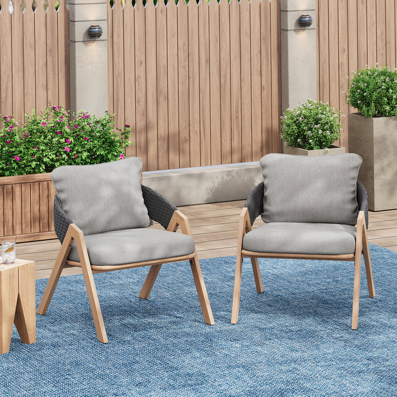 Chaise de patio avec coussins (ensemble de 2), Coussin gris / structure en teck noir