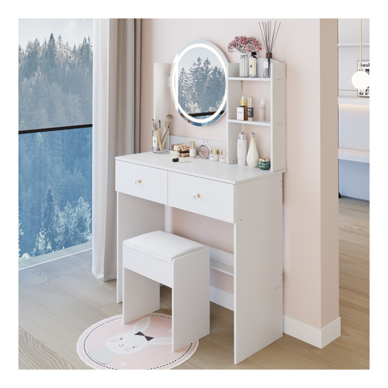 17" Round LED Mirror Vanity Table + Soft Cushion Stool Suit, Large Mirror, Touch Switch, 3 Colors, Adjustable Brightness, Large Desktop, Multi-Layer High Capacity Storage, Suitable For Small Space