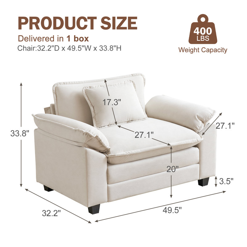49.5'' W Oversized Premium Velet Armchair And A Half With Ottoman & Removable Cushions, Beige
