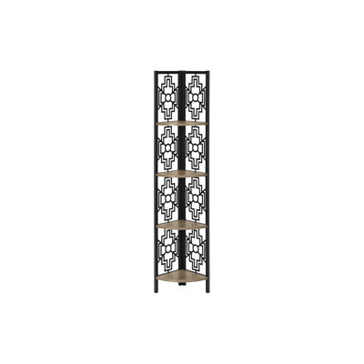 Bookshelf, Bookcase, Etagere, Corner, 4 Tier, 62"H, Office, Bedroom, Brown Laminate, Black Metal, Transitional