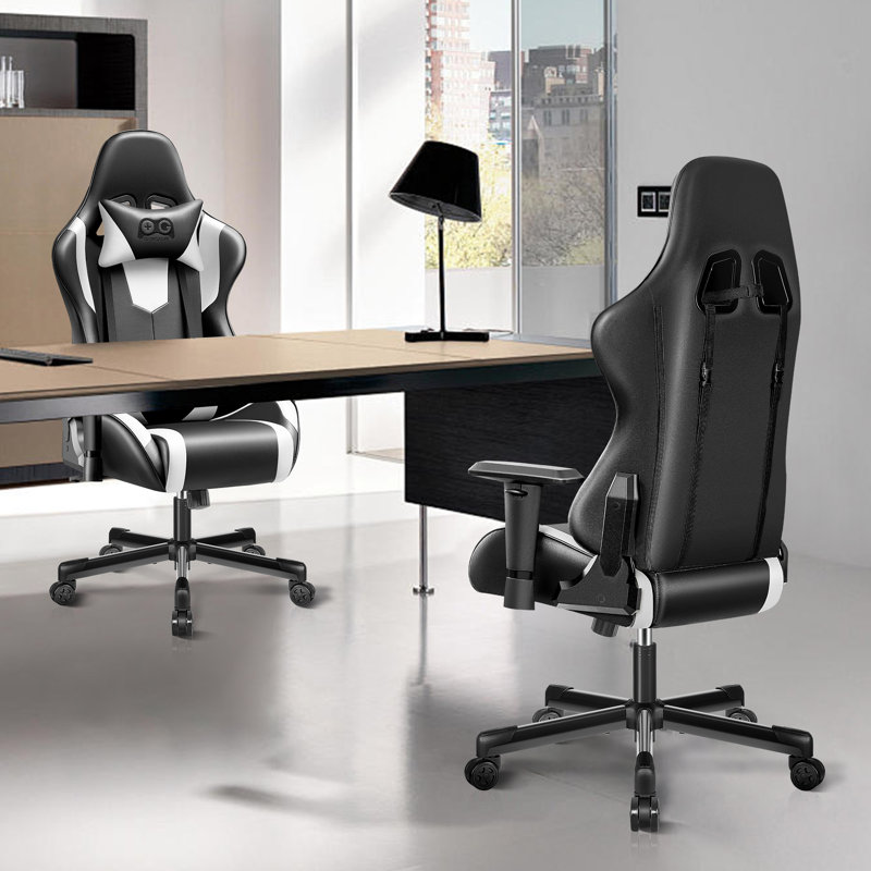 White and Black PU Leather Ergonomic Gaming Chair with Lumbar Support