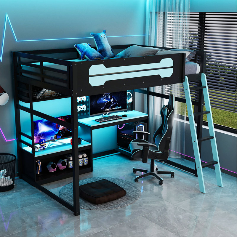 Cadre de lit de style moderne, lit mezzanine en bois avec bureau, tablettes, lumières DEL, ports USB et panneau perforé, Blue