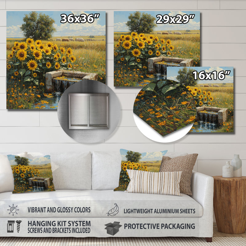 Tournesols près de l'eau Trough I - tournesols, impression murale, H 36 po x l 36 po
