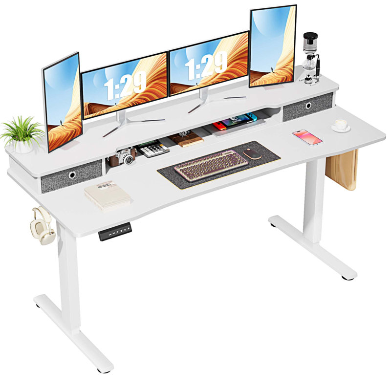 Bureau debout à hauteur ajustable Marzena, H 52 po x l 62 po x P 23 po, Blanc / blanc