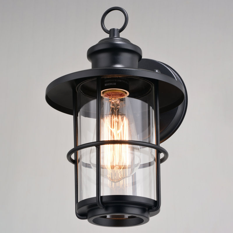 Applique murale d'extérieur à 1 lumière texturée noire H 10 po Lake Shore en acier durable, abat-jour en verre transparent, compatible avec les DEL, à utiliser pour la porte d'entrée de patio ou de garage