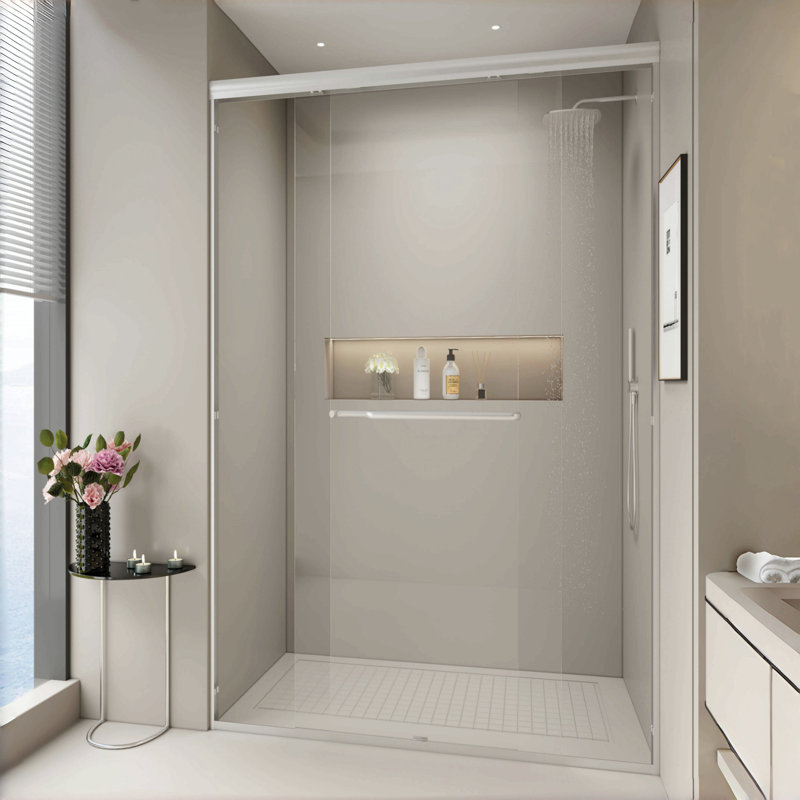 Double porte de douche coulissante, porte coulissante semi-sans cadre pour salle de bain avec verre trempé de 1/4 po (6 mm) pour douche à l'italienne